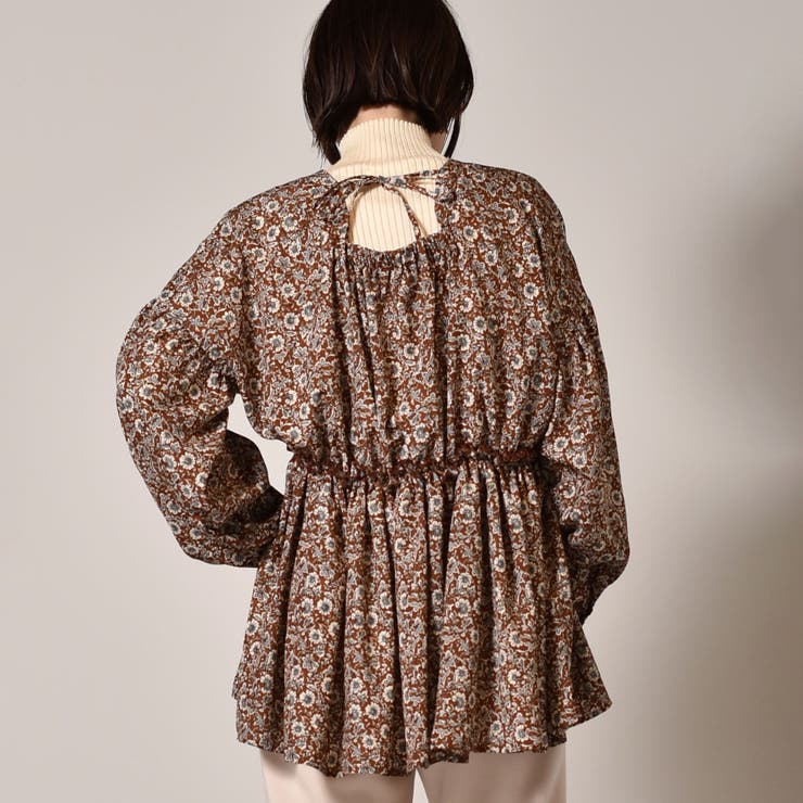 花柄 ボタニカル柄 リボンペプラムブラウス レトロ ヴィンテージ 日本製 紫 緑 ribbon motif moss green bowtie blouse 〈レトロ古着 リボン柄