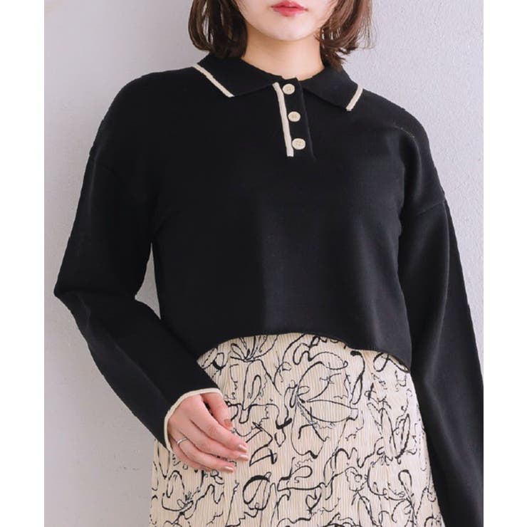 BLK1 | 襟付きラインニットPO 【レトロガール】ニットプルオーバー/ショート丈トップス | RETRO GIRL
