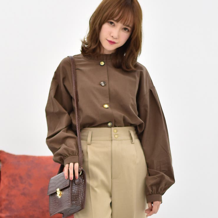 ダークブラウン | ○RETRO GIRL○ デザイン釦フリルネックBL | RETRO GIRL