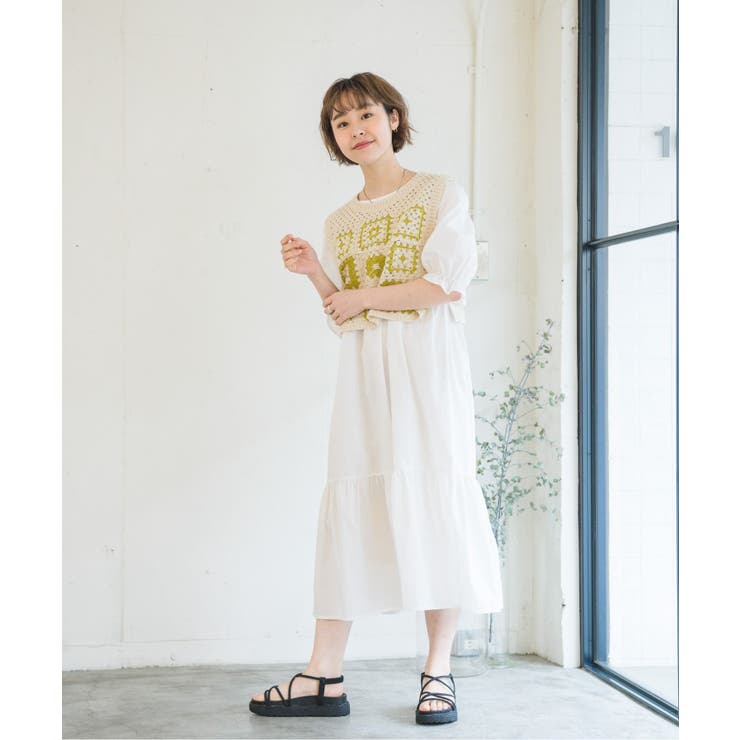 【vintage】クロシェワンピース【くすみカラー】 セール】綿100%ロング丈深Vネックかぎ編みクロシェワンピース