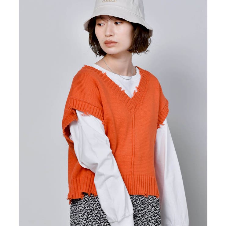 □RETRO GIRL□ ダメージショートニットベスト[品番