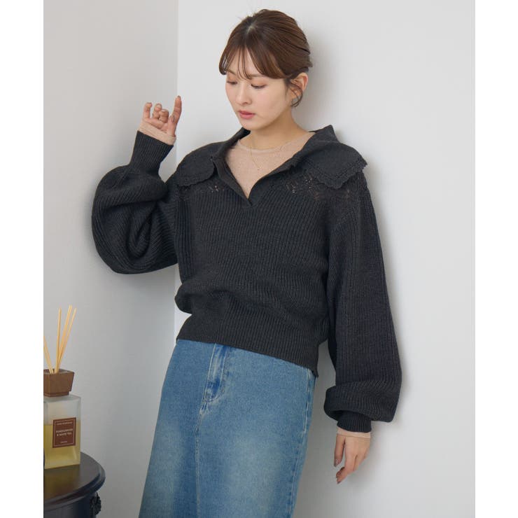 GRY2 | スカシ柄スキッパーニット | RETRO GIRL