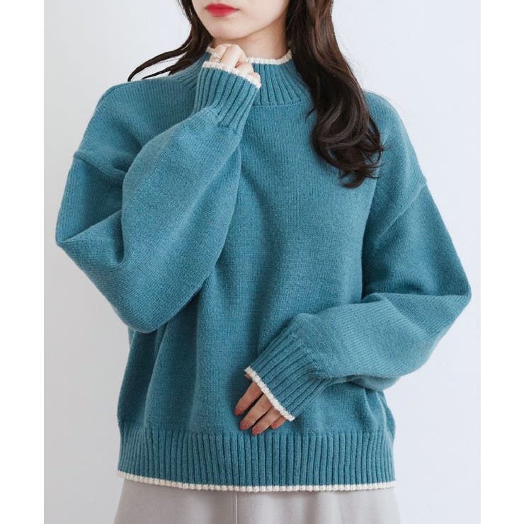 BLU0 | バイカラーニットPO 【レトロガール】ハイネックニットプルオーバー ライン | RETRO GIRL