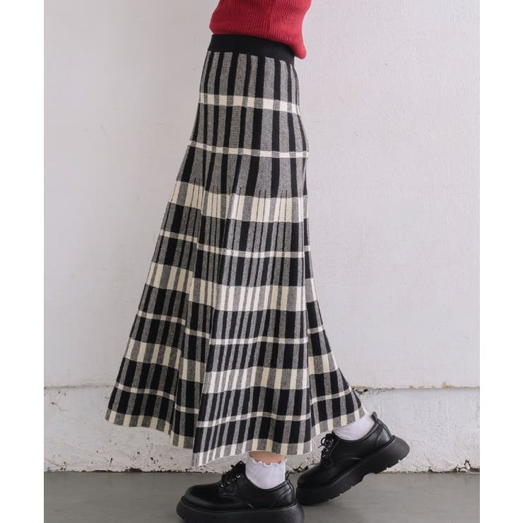 C/BLK | チェックニットフレアSK 【レトロガール】ニットプリーツスカート ロングスカート | RETRO GIRL