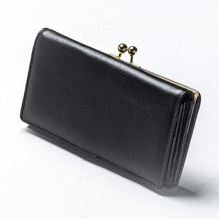 【週末限定セール中！】 黒いレザー長財布 スナップボタン付き エコレザー 日本製スナップボタン 牛本革 がま口 長財布[品番