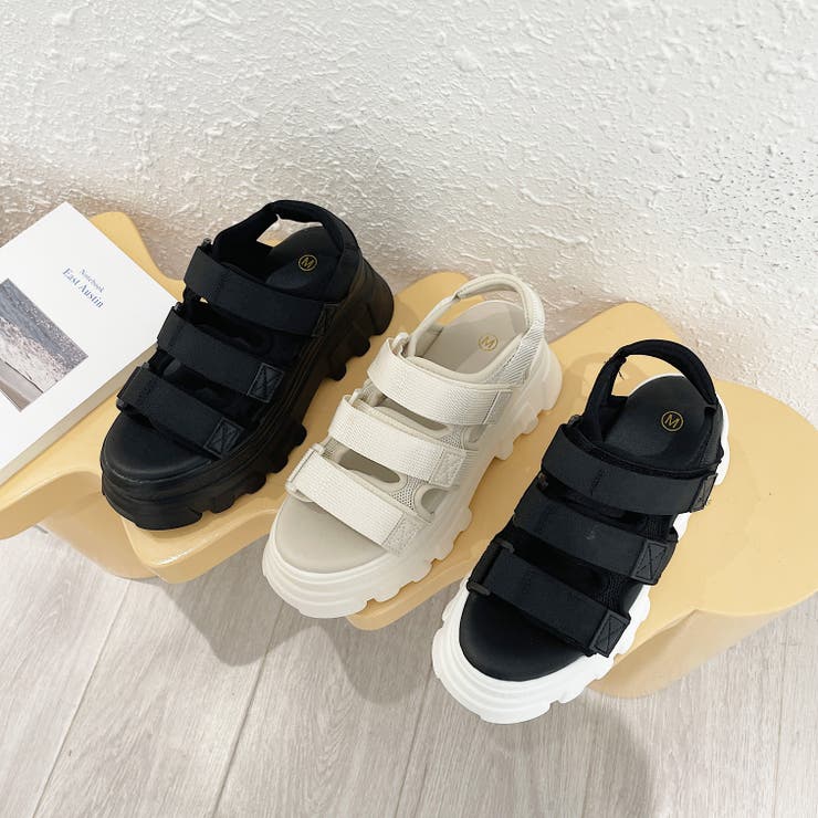 厚底 ボリューム 凹凸ハイソール ベルクロ スポーツサンダル