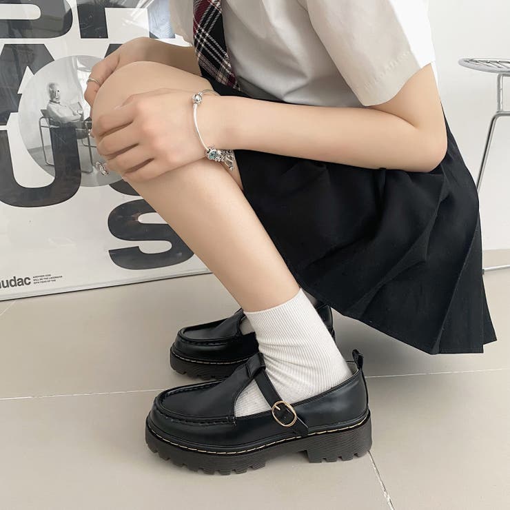 厚底 タンクソール ステッチ入り T字 ストラップ ローファー