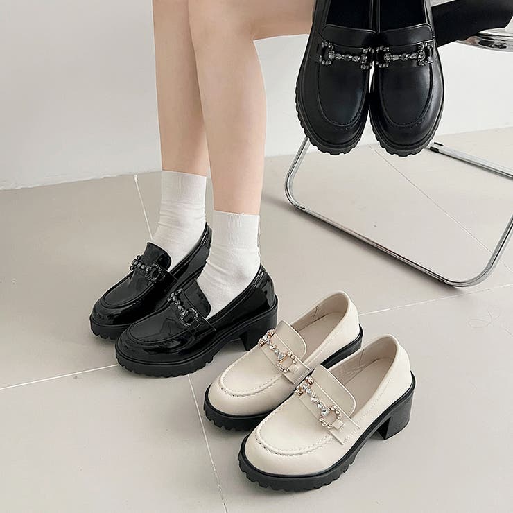 2024年冬【法人向けお歳暮】 厚底 ヒール ビジュー ビット ローファー 2450[品番 靴