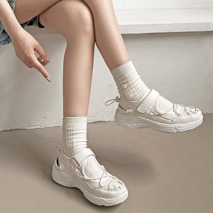 ホワイト | 超軽量 厚底 メッシュ ベルクロ スニーカー サンダル 2466 | Shoes in Closet
