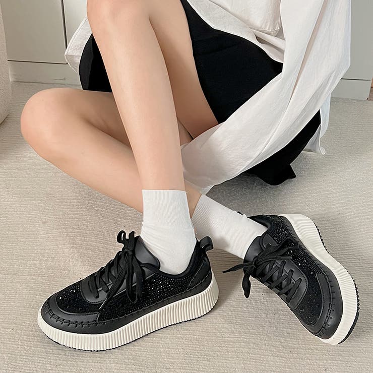 軽量厚底 プラットフォーム モカタイプ ラインストーン スニーカー