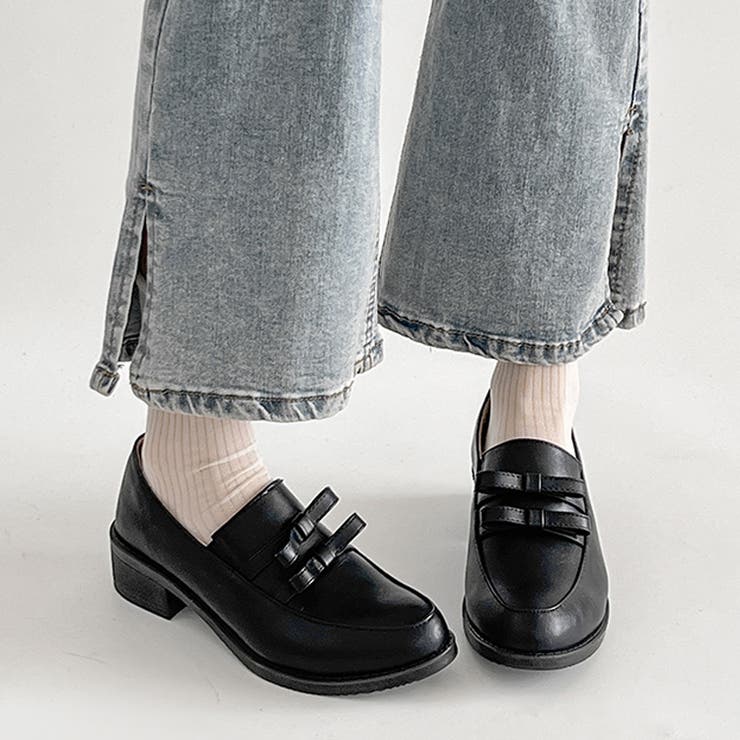 グレー ローファー リボン付き 超軽量 厚底 マニッシュ スタンダード リボン ローファー 2666[品番