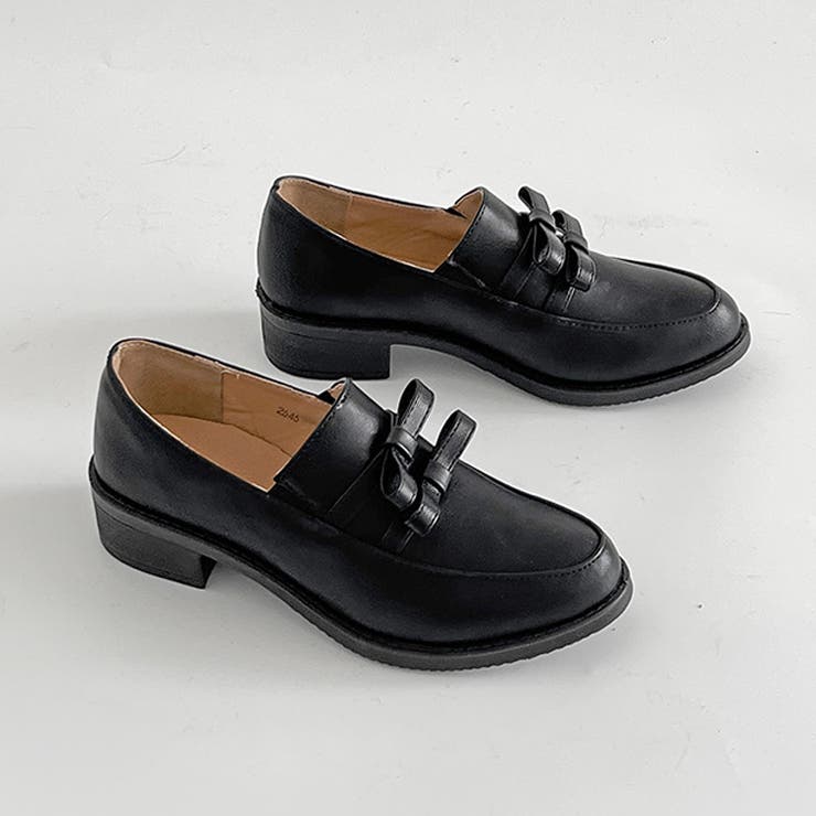 ブラック/スムース | 超軽量厚底 ダブル リボン ローファー 2646 | Shoes in Closet