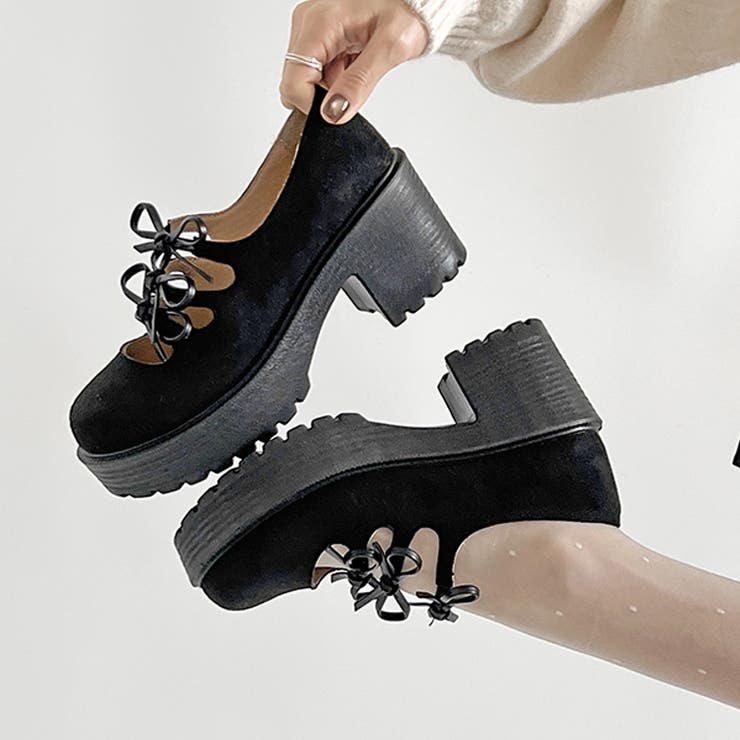 ブラック/スウェード | 軽量厚底  3連 リボン ヒールアップ ローファー 2647 | Shoes in Closet