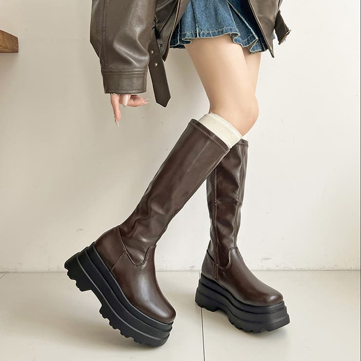 ダークブラウン/スムース | 厚底トリプルソール プレーン ストレッチ ロング ブーツ 2895 | Shoes in Closet