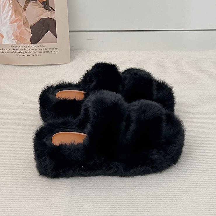 軽量厚底プラットフォーム ボリューム ふわふわ ファー サンダル 352