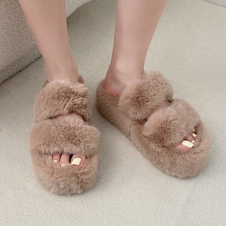 軽量厚底プラットフォーム ボリューム ふわふわ ファー サンダル 352