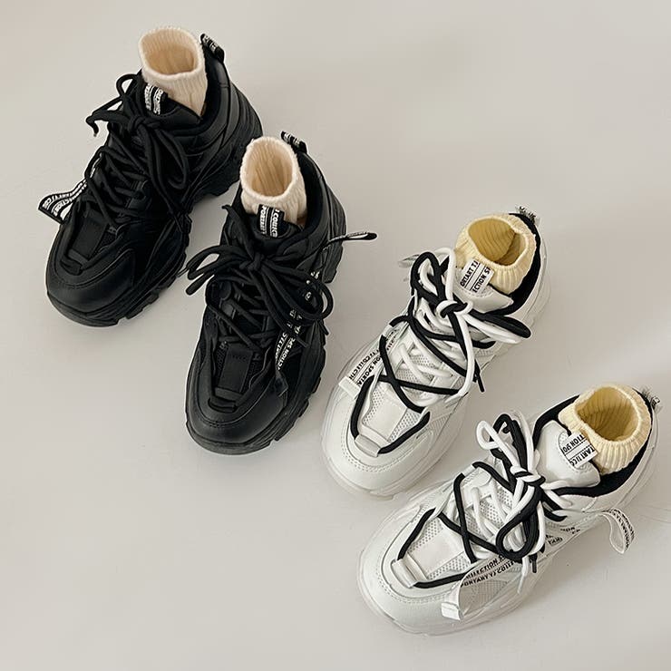 厚底 ロゴテープ ダブルシューレース ボリューム スニーカー 387[品番