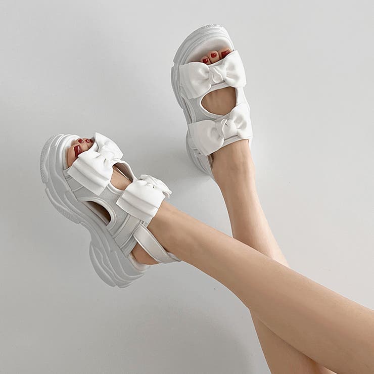 ホワイト | 軽量厚底 ボリュームソール ダブルリボン スポーツサンダル 5424 | Shoes in Closet