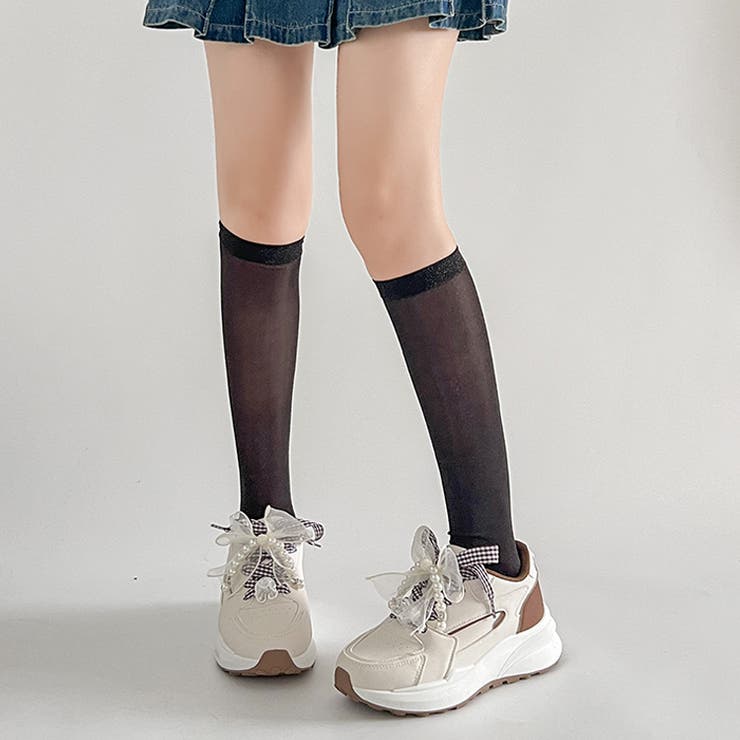 アイボリー/チャ | 軽量厚底  パールチャーム付 チェック リボン スニーカー 5432 | Shoes in Closet