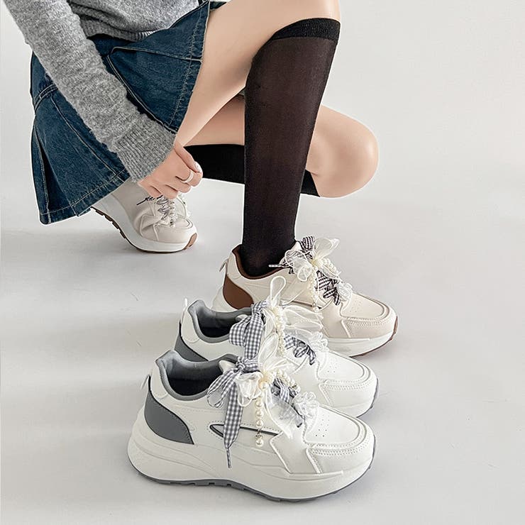 軽量厚底  パールチャーム付 チェック リボン スニーカー 5432 | Shoes in Closet | 詳細画像1 