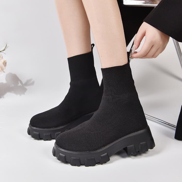 ブラック | 厚底 凹凸ブロックソール ニット / ソックスブーツ  571 | Shoes in Closet