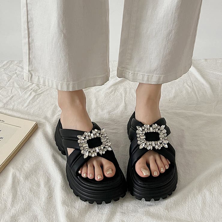 軽量厚底 ビジュー バックル スポーティー ミュール サンダル