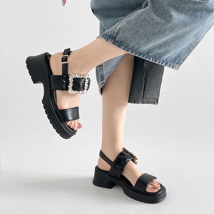 ブラック/ブラック | 軽量厚底 ビジューバックル ヒール サンダル 5923 | Shoes in Closet