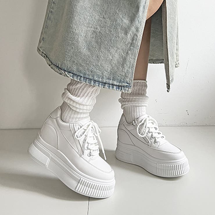 ホワイト | 厚底 プラットフォーム インヒール サイドジップ スニーカー5951 | Shoes in Closet