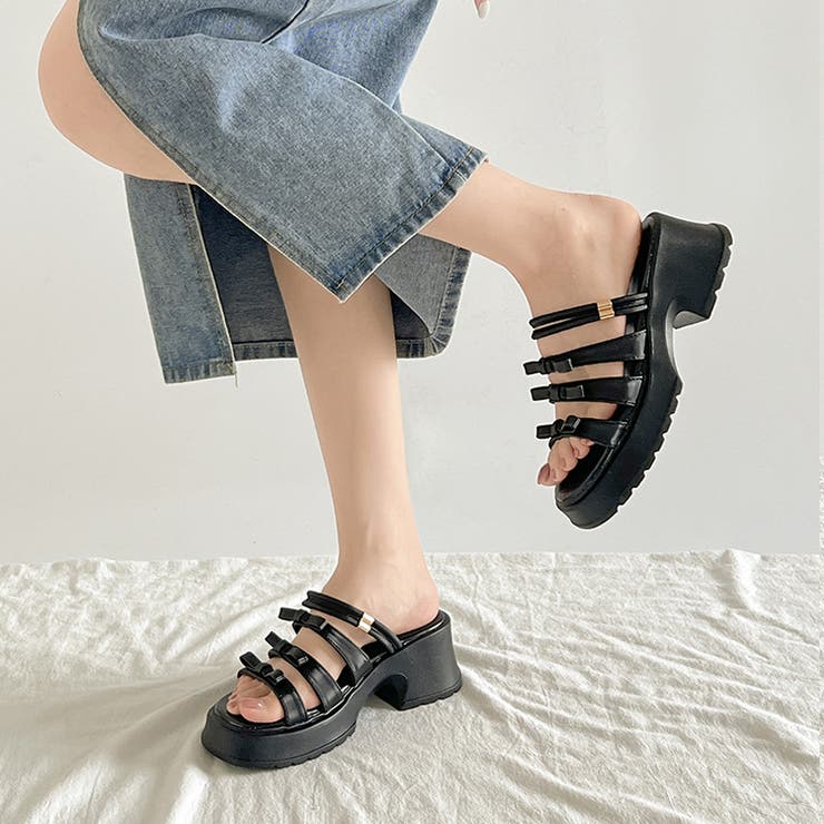 ブラック | 軽量厚底 2WAY ３連リボン ストラップ ヒール サンダル 5992 | Shoes in Closet