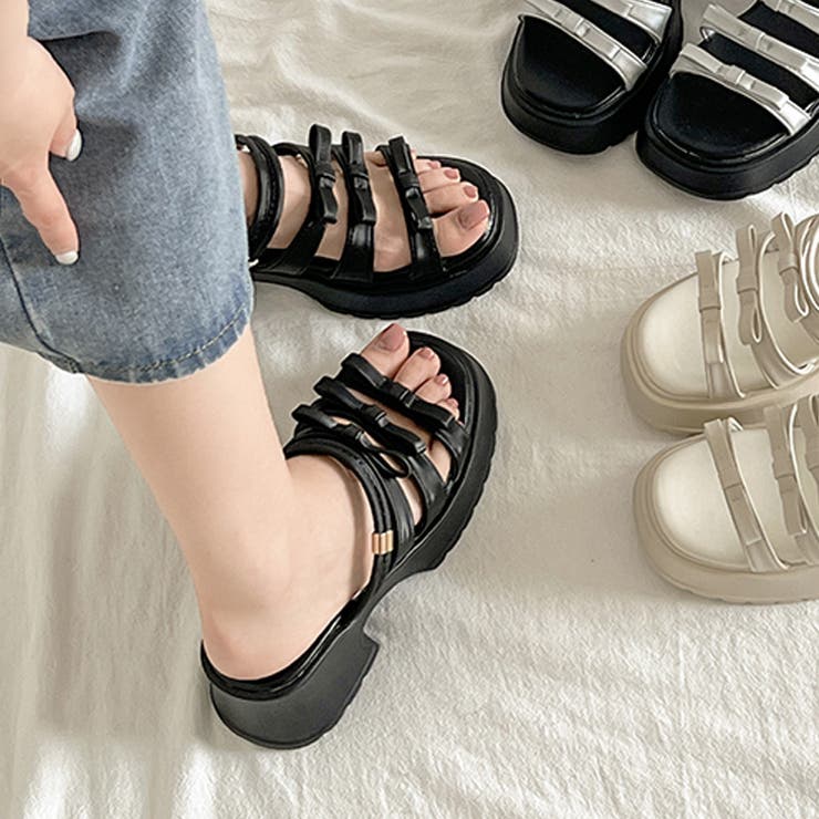 軽量厚底 2WAY ３連リボン ストラップ ヒール サンダル 5992 | Shoes in Closet | 詳細画像1 