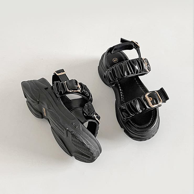軽量厚底 ギャザーベルト バックル スポーツ サンダル 6294[品番