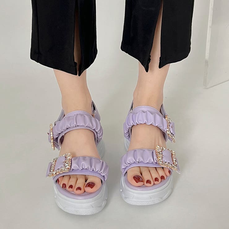 厚底 ギャザーベルト ビジューバックルサンダル 6314[品番