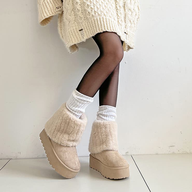 ライトベージュ | 軽量厚底 プラットフォーム ファーカバー ムートンブーツ 6492 | Shoes in Closet
