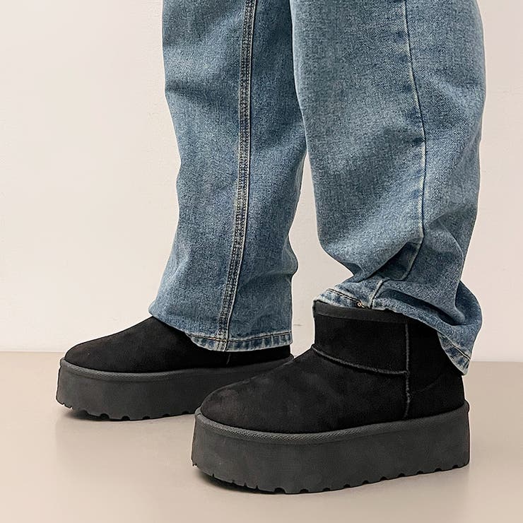 ブラックムートンブーツ厚底デザイン SHAKA 厚底ショートムートンブーツ SHORT MOUTON BOOTIE CHUNKY