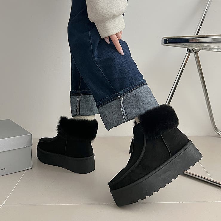 ブラック | 厚底 プラットフォーム センタージップ/ ファスナー ムートンブーツ 6839 | Shoes in Closet