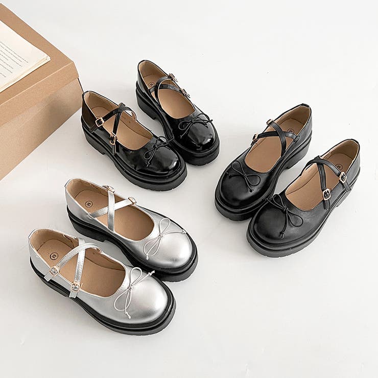 軽量厚底 ダブルソール 2WAYストラップ リボン メリージェーン 6943