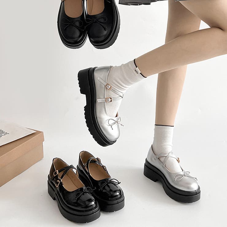 軽量厚底 ダブルソール 2WAYストラップ リボン メリージェーン 6943