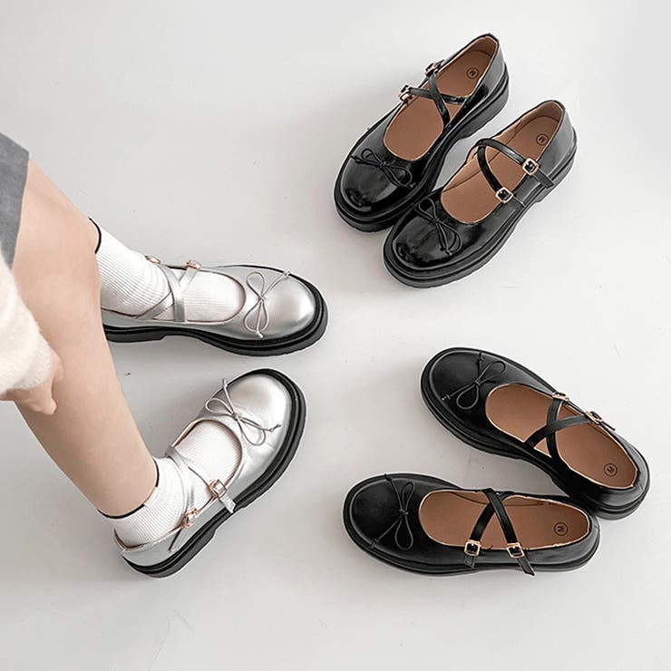 軽量厚底 ダブルソール 2WAYストラップ リボン メリージェーン 6943