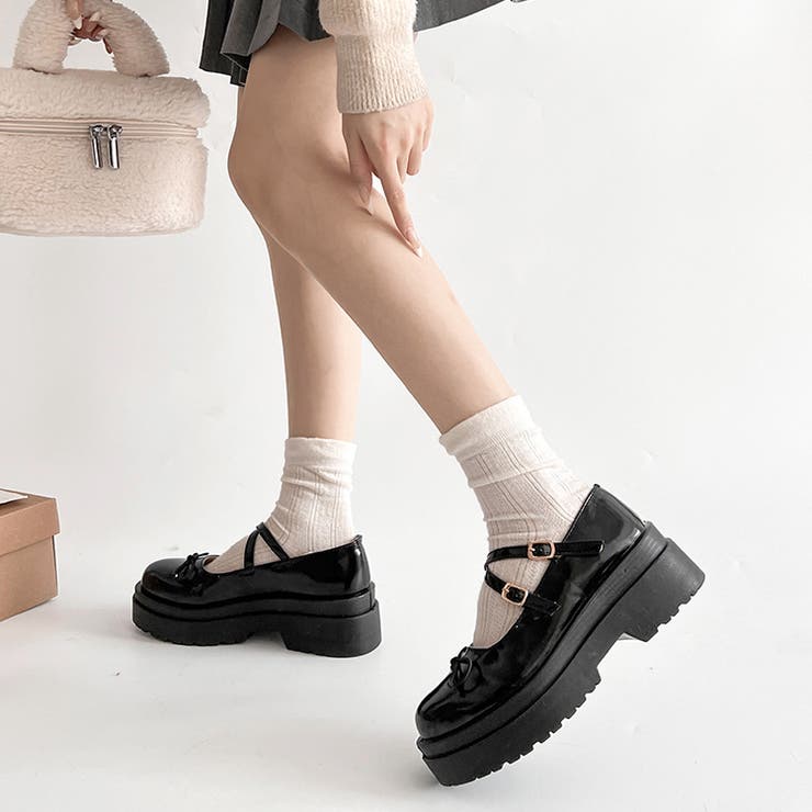 軽量厚底 ダブルソール 2WAYストラップ リボン メリージェーン 6943