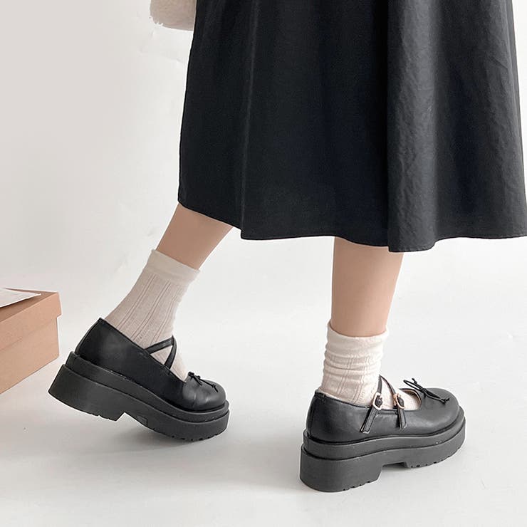 軽量厚底 ダブルソール 2WAYストラップ リボン メリージェーン 6943