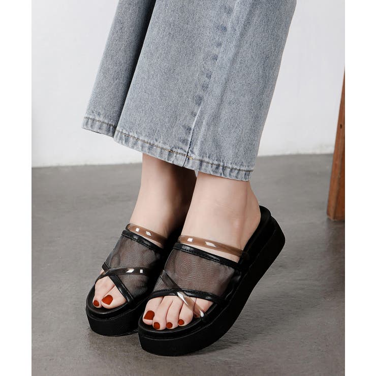 厚底 シースルー メッシュ スライドサンダル 7477WB[品番