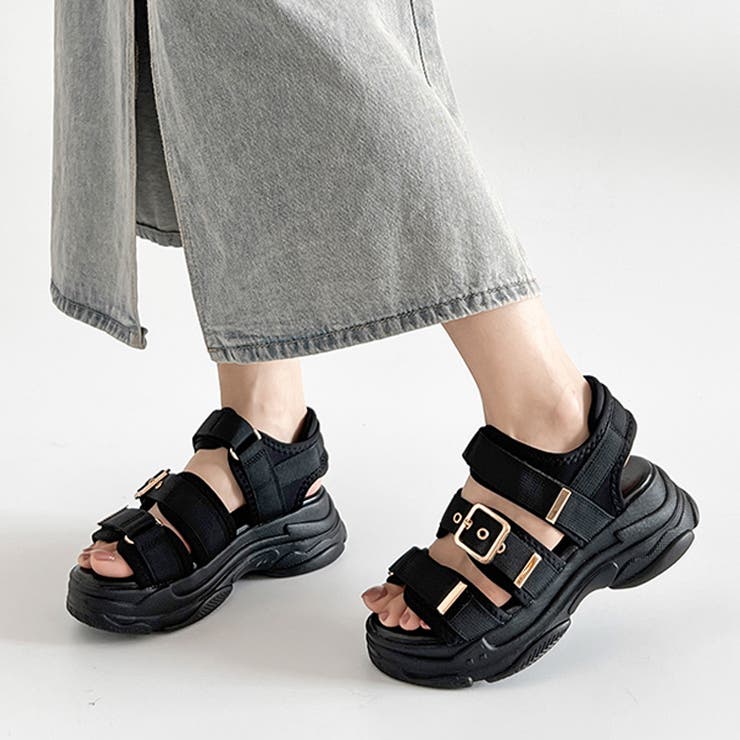 軽量厚底ボリュームソール ベルクロ バックル スポーツサンダル 7486