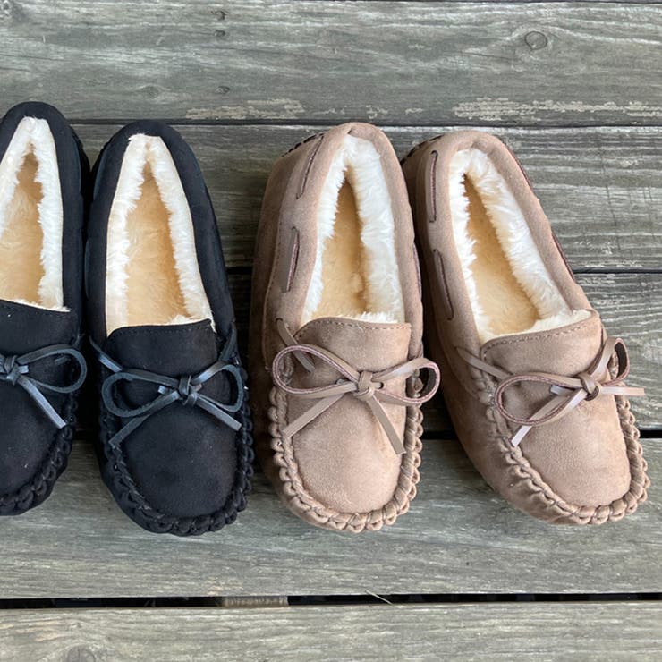 モカ | キッズ リボン ふわもこモカシン 7574  | Shoes in Closet