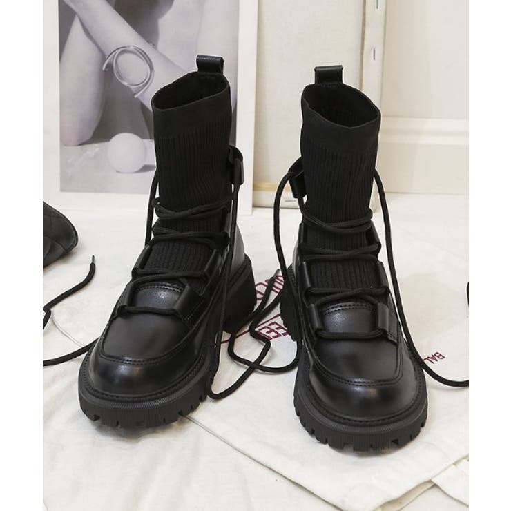 軽量厚底タンクソール レースアップ ソックスブーツ 952[品番