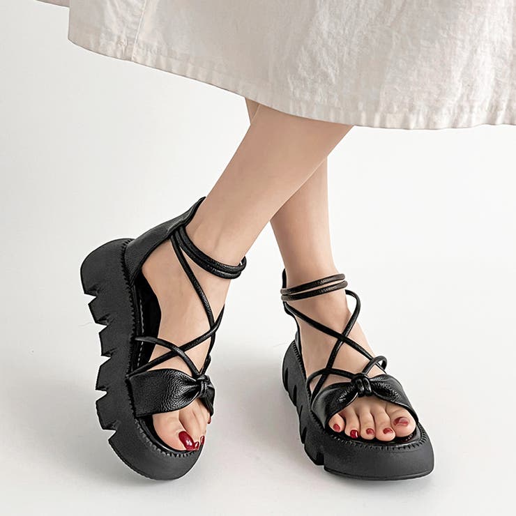 ブラック | 厚底 コードストラップ バックファスナー リボン サンダル 993 | Shoes in Closet