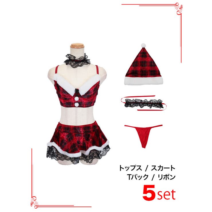 チェック柄ブラックレースセットアップサンタコスチューム5点セットサンタコスプレ袖なしアイドル風サンタエロかわサンタマイクロミニスカサンタMサイズレッド向葵まるmyMinetteマイミネット