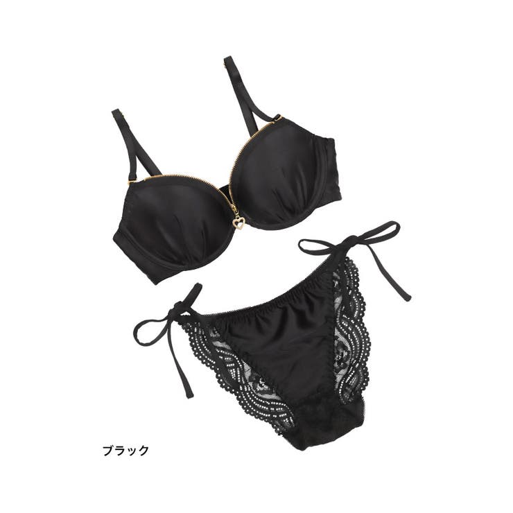 ハートジップバックレースサテンブラ＆ショーツセット セクシー