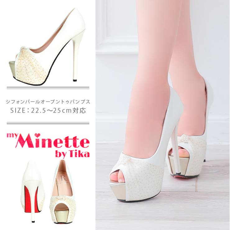 シフォン×小粒パールガーリーオープントゥパンプス キャバパンプス 