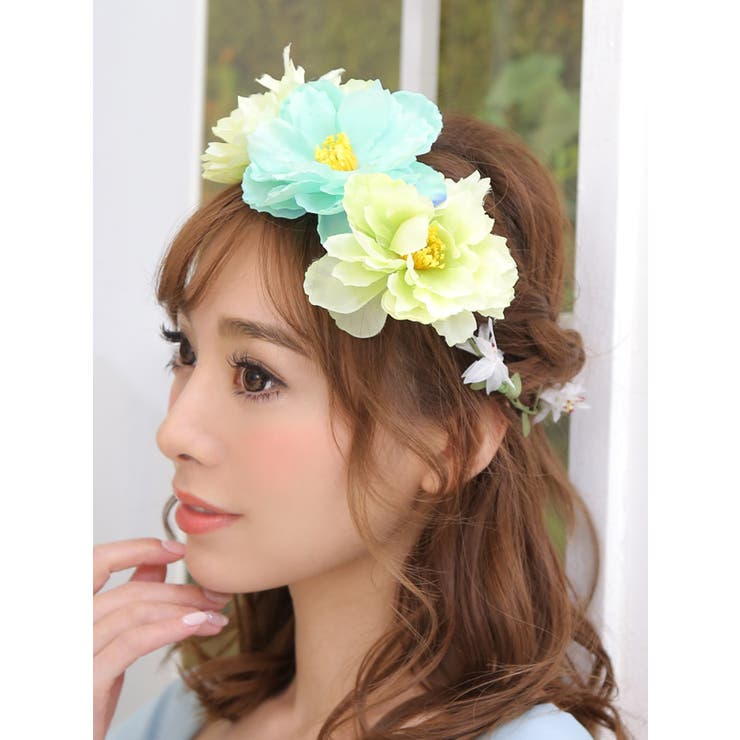 フラワーモチーフヘアアクセサリー大輪花輪ピンクグリーンReticaレティカ