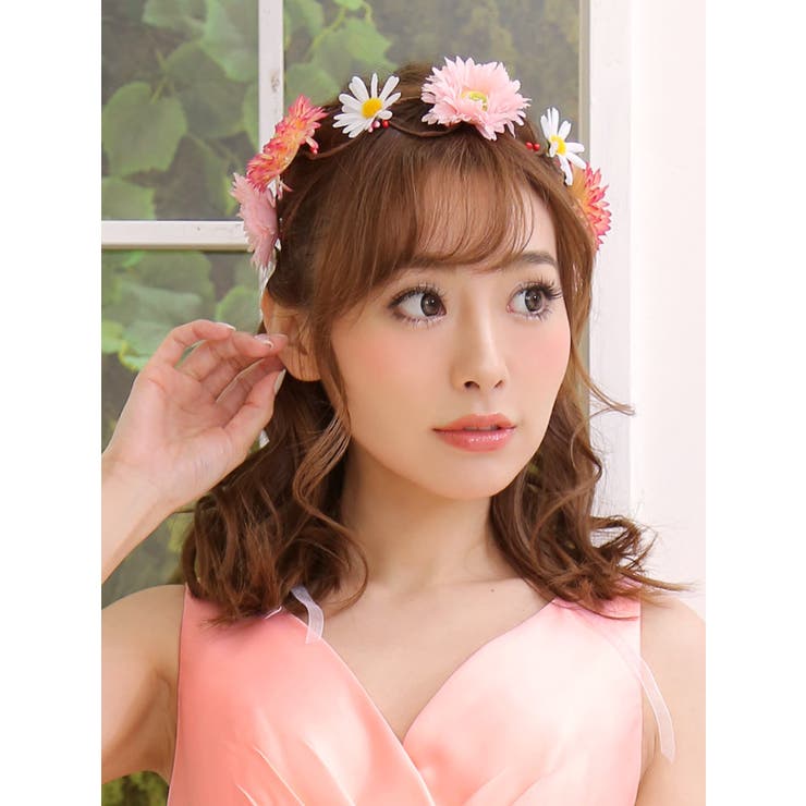 フラワー×レースリボン花冠ヘアアクセサリーピンクグリーンシンプルReticaレティカ